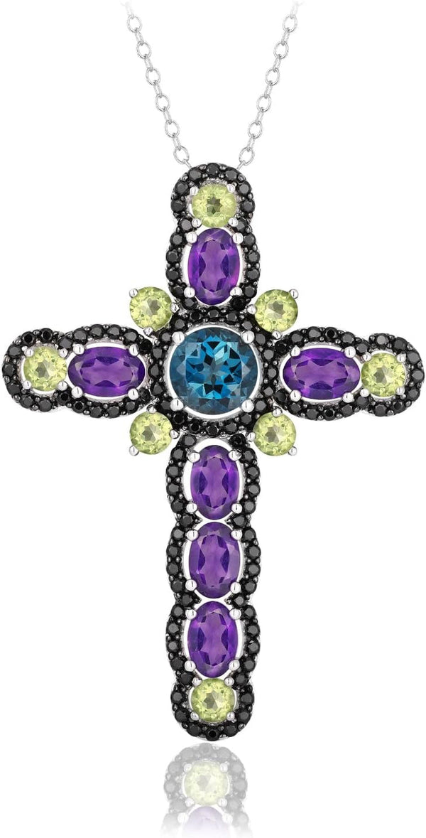 Women'S Stunning Colorful Diamond Cross Pendant Sterling Silver Chain Gemstone Cross Necklaces 18", Various Styles