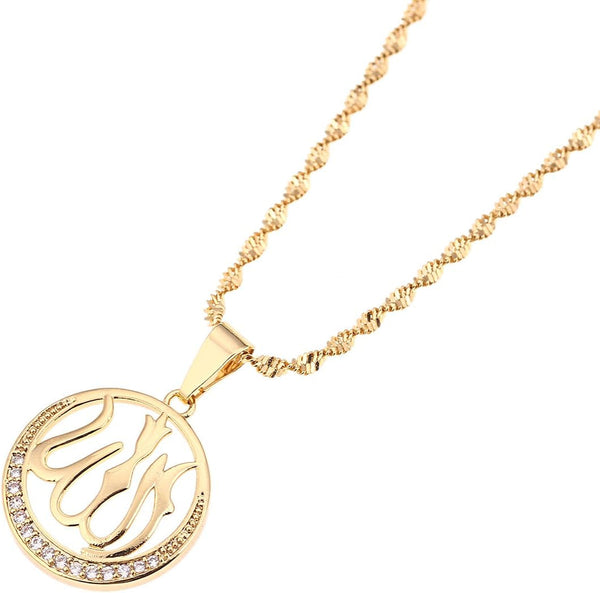 Gold Plated Religious Islamic Muslim Allah Crystal Pendant Necklace (Gold)