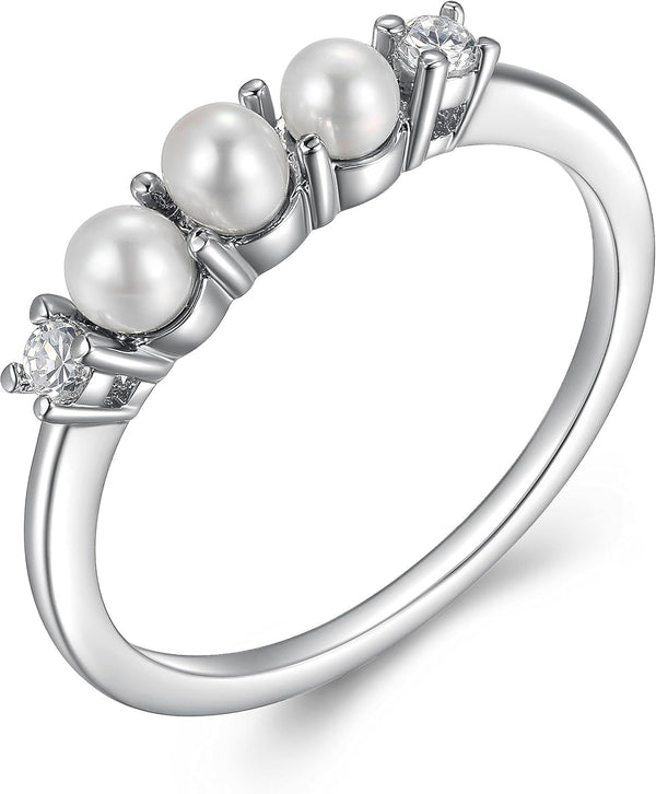 Rhodium Plated Sterling Silver Freshwater Cultured Pearl and Cubic Zirconia Ring for Women