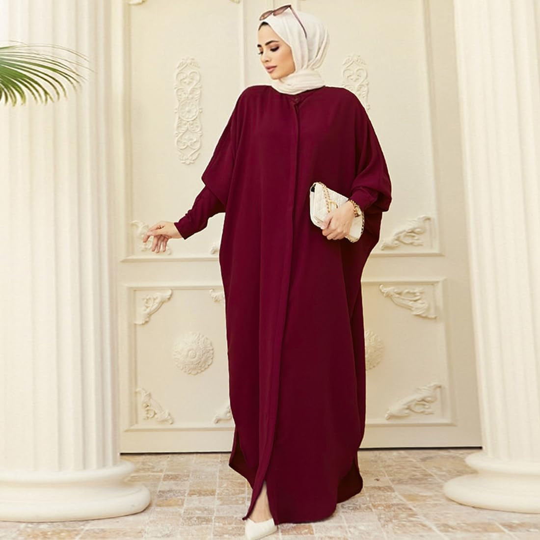 Muslim Dresses for Women Abaya Button down Henley Shirt Prayer Dress Batwing Long Sleeve Middle East Arabian Robe