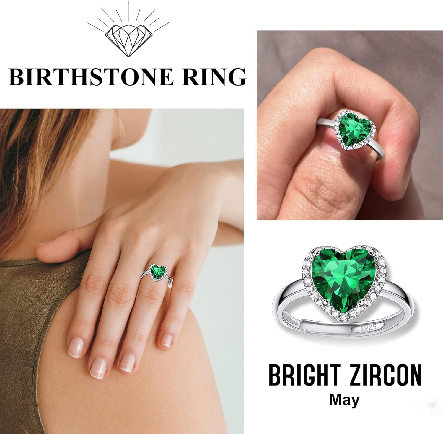 925 Sterling Silver Birthstone Rings for Women Girls with Clear 2Ct Heart/Round/Teardrop/Square Crystal, Solitaire Diamond Halo Open Bands Cubic Zirconia Rings Adjustable Size#6-#12