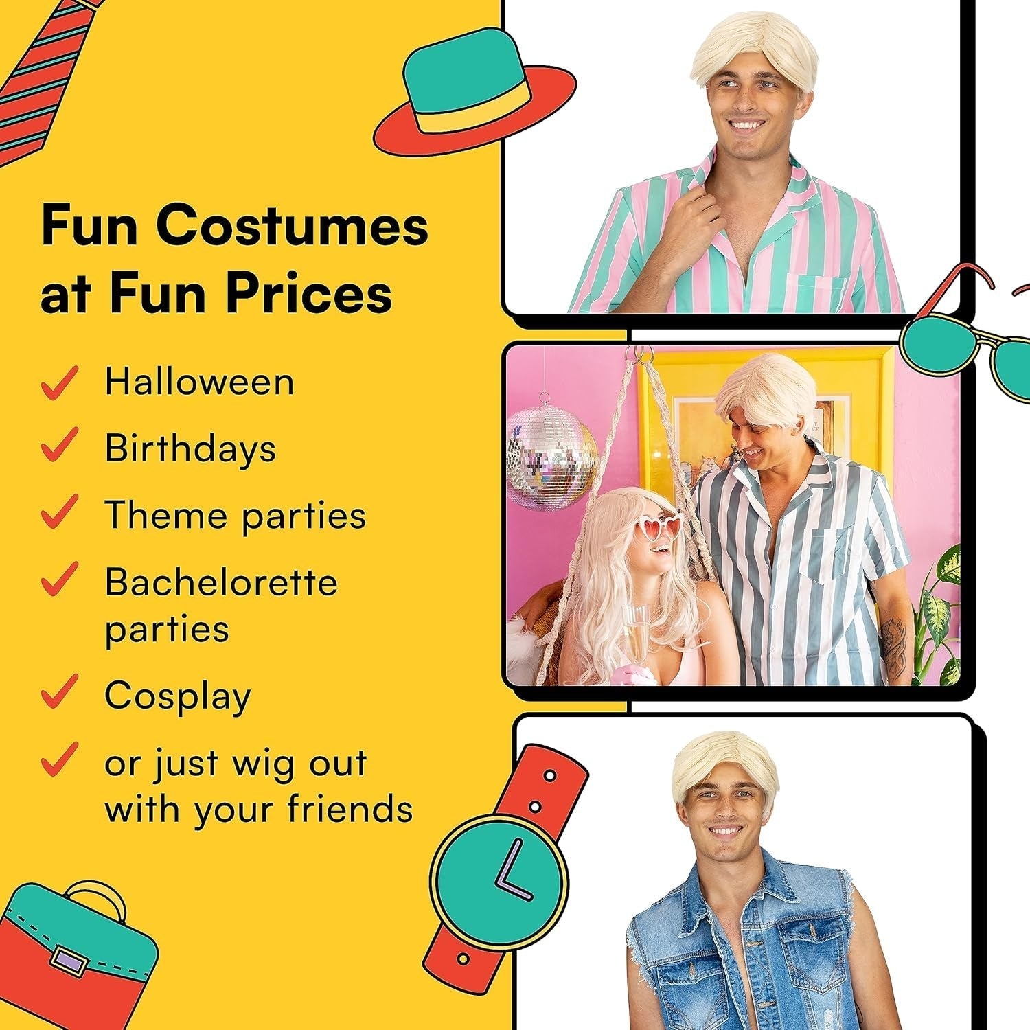 '- Blonde Beach Dude Wig - Short Synthetic Layered Bleach Blond Doll Costume Hair for Men with Adjustable Wig Cap
