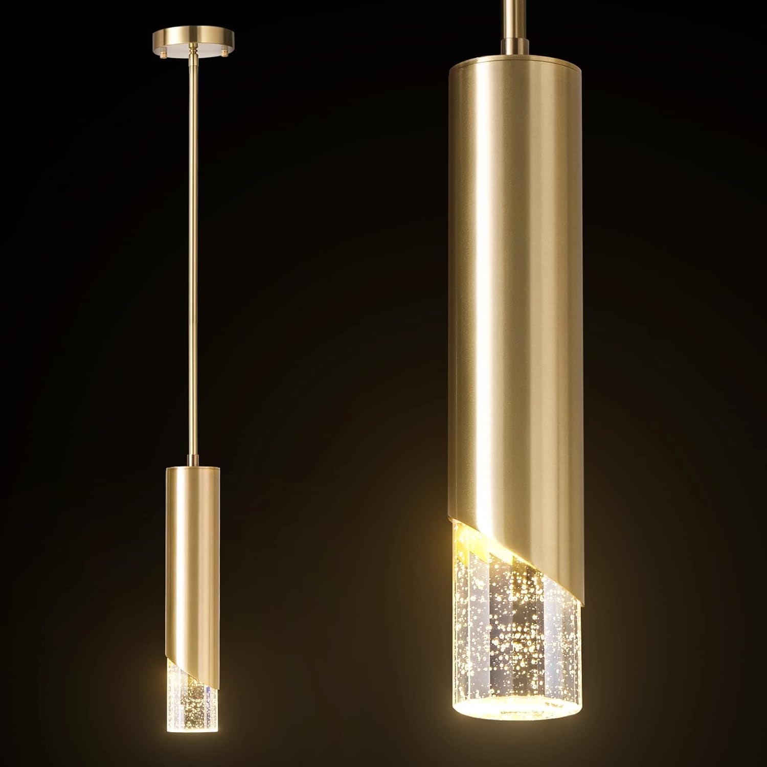 Gold Crystal Pendant Lights, Modern Crystal Pendant Lighting for Kitchen Island Dimmable Hanging Ceiling Light Fixture with Adjustable Height for Dining Room, Bedroom (Gold, 1-Pack)