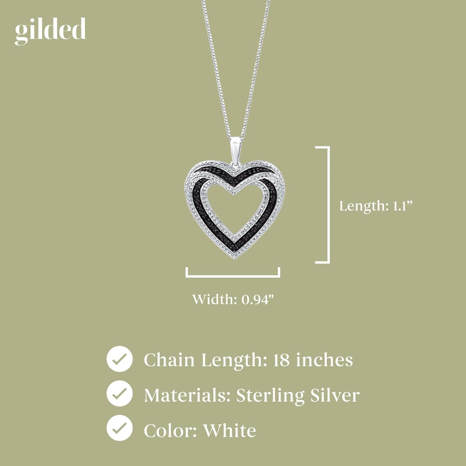 Sterling Silver Necklace with Natural Round-Cut Black Diamond and Heart Shaped Pendant, 18-Inch White Silver Chain, 1/4 Carat Total Weight Diamonds, Elegant Gift Box Included
