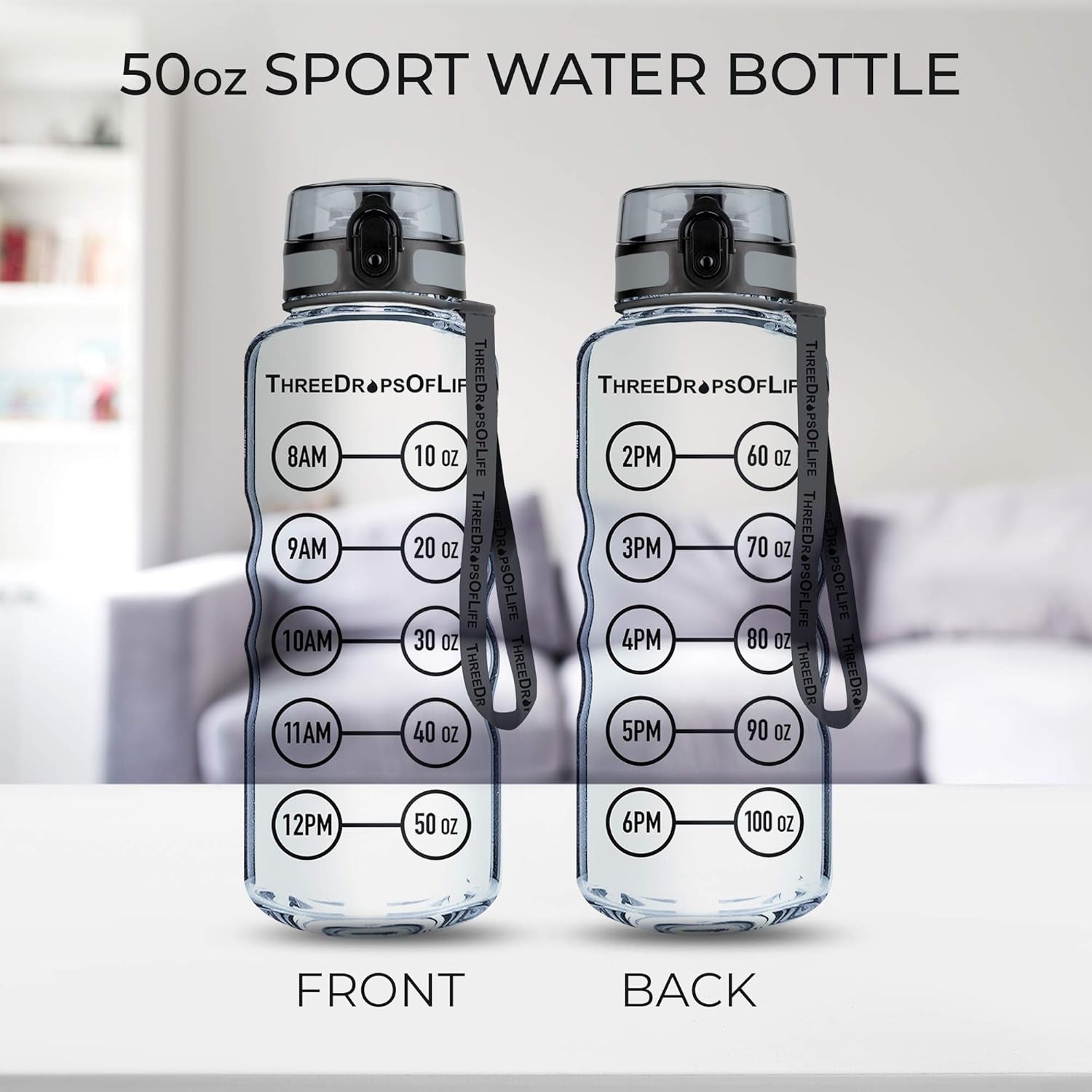 50Oz Sport Water Bottle - Best for High Capacity Hydration - Clear Tritan Plastic, BPA Free, Flip Top, Leak Proof Lid, Re-Design Lid, New Strainer, Strong Reusable 50 Oz Clear Sports Water Bottle