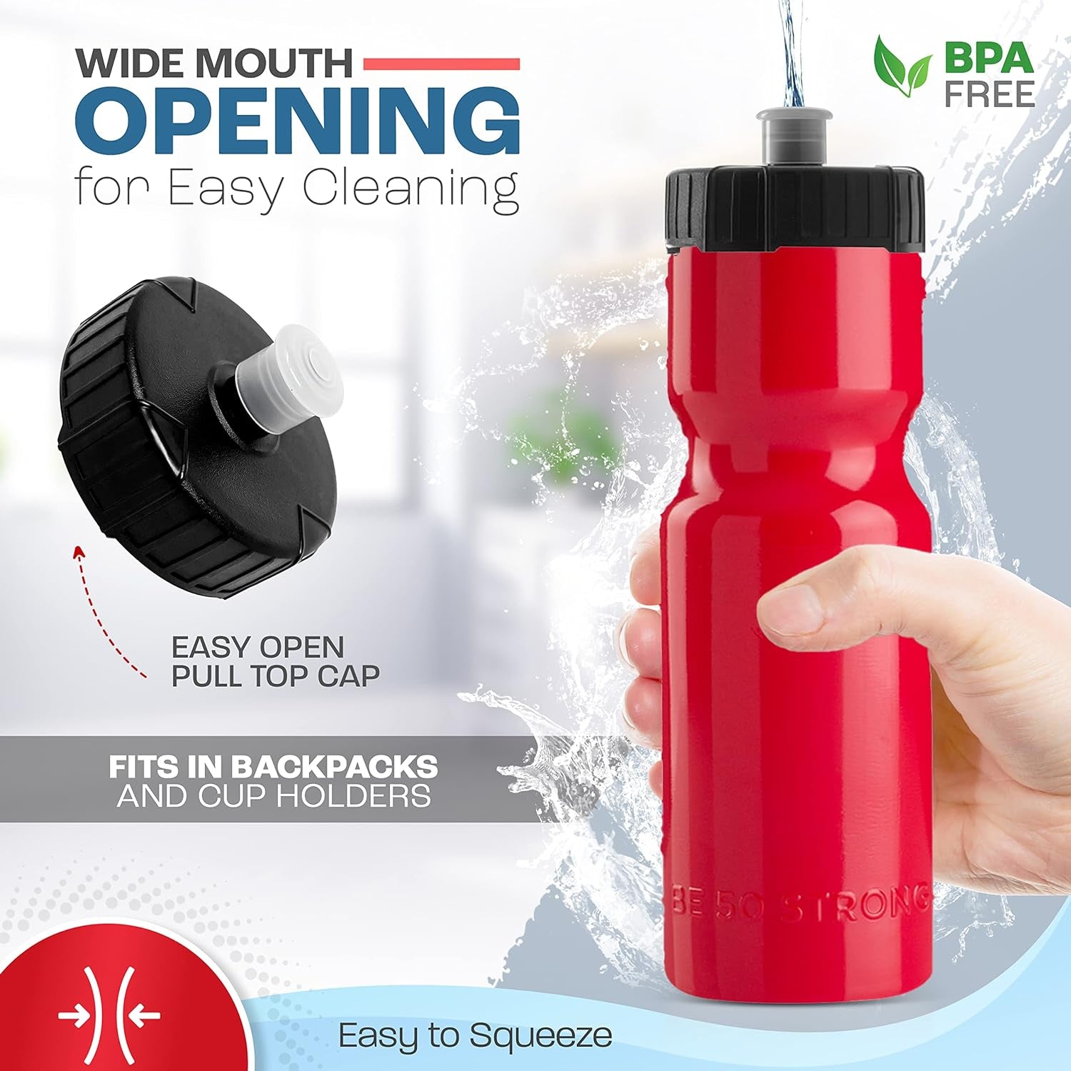 Sports Water Bottles – Reusable 22 Oz Bpa-Free Plastic Bottles with Pull Top Cap – Made in USA – Top Rack Dishwasher Safe – Fits Most Bike Cages Brand