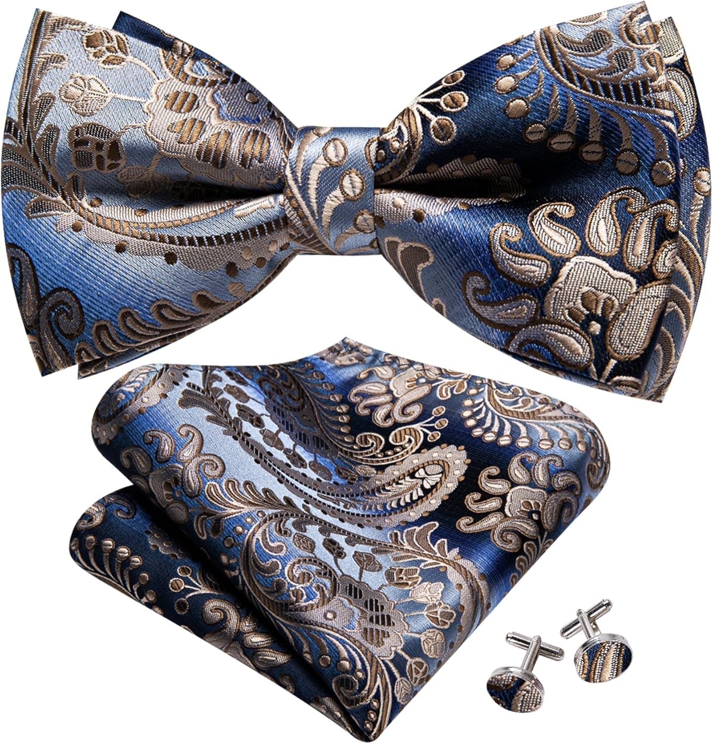 Paisley Striped Bow Tie for Men Silk Pre-Tied Bowtie Pocket Square Cufflinks Set Formal Wedding Party Prom