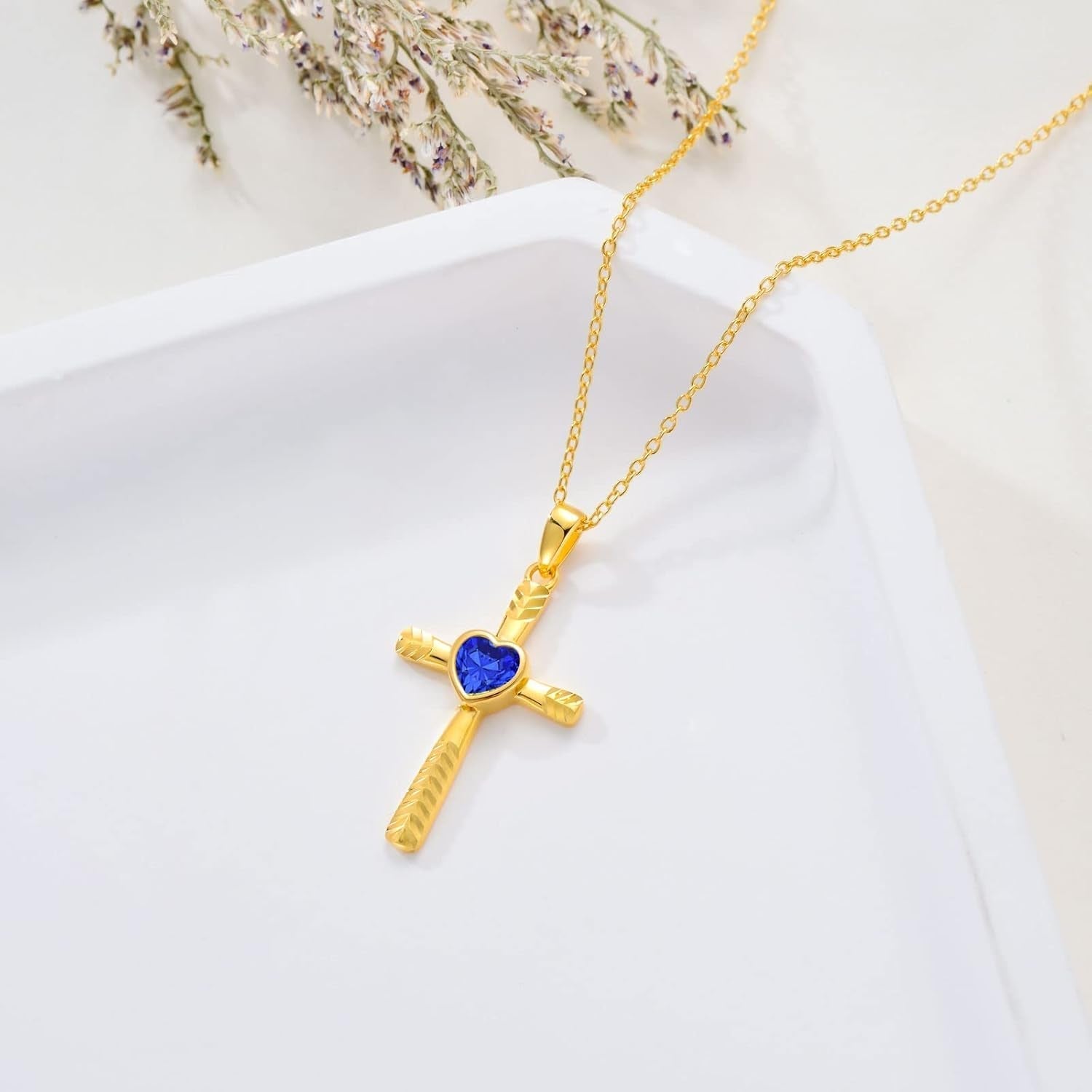 Real 10K 14K 18K Gold Birthstone Cross Necklace with Laser Diamond Cut, Glittering 1/2 Carat Gemstone Heart Birthstone Cross Pendant Necklaces for Women Wife Girlfriend Her Mothers Day