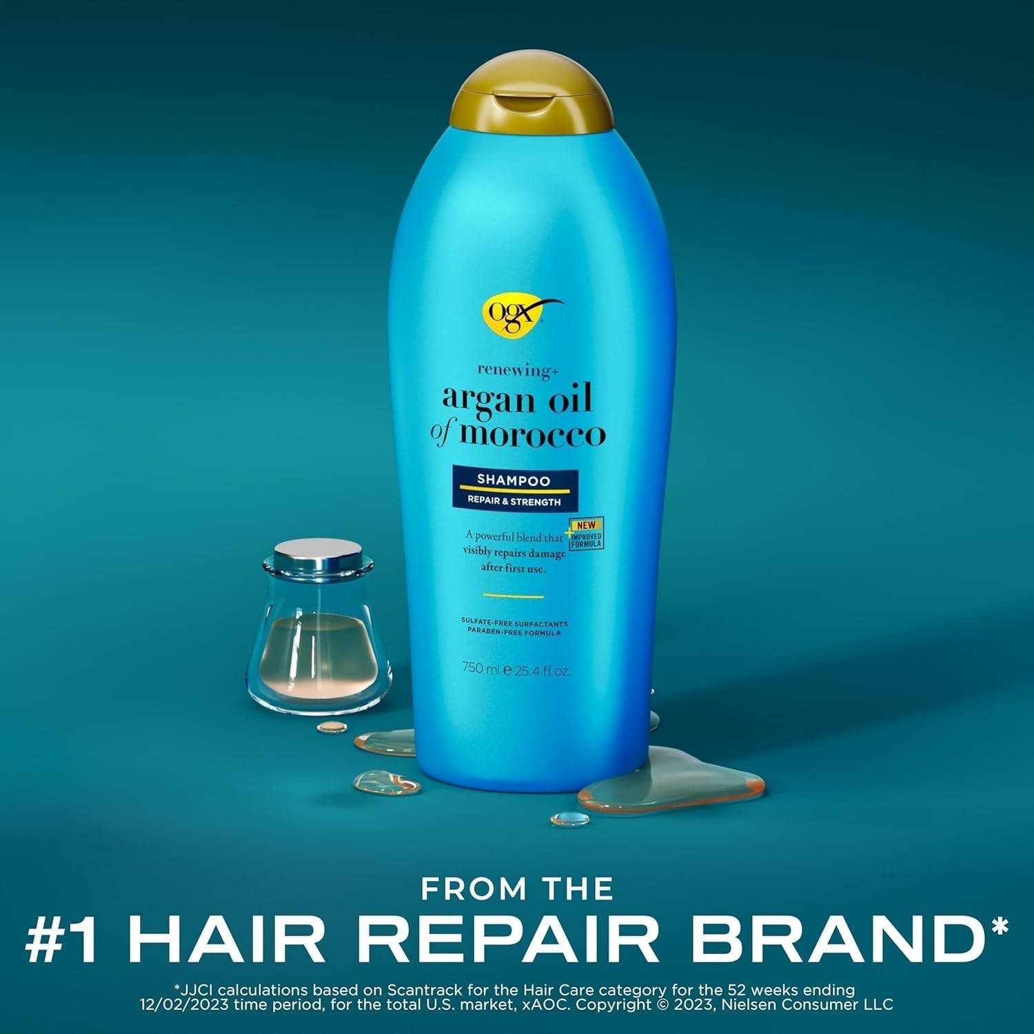 Renewing + Argan Oil of Morocco Shampoo, Damage Repair Shampoo & Argan Oil to Help Strengthen & Repair Dry, Damaged Hair, Paraben-Free, Sulfate-Free Surfactants, 25.4 Fl. Oz