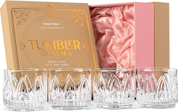 Vintage Art Deco Crystal Lowball Cocktail Glasses | Set of 4 | 11 Oz Short Tumbler Rocks Glassware for Drinking Craft Bar Drinks | Heavy Based Old Fashioned Glasses for Women