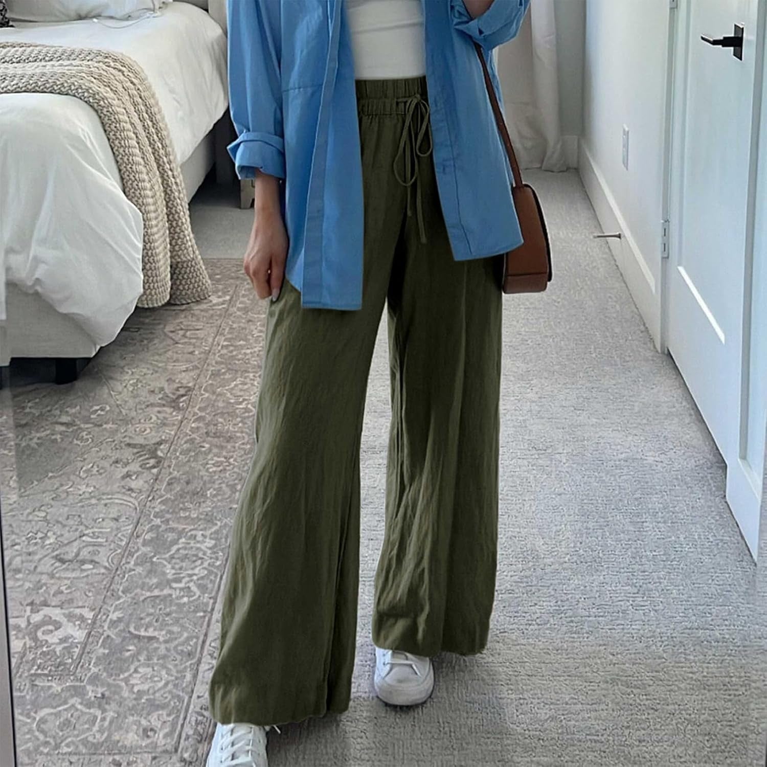 Womens Cotton Linen Palazzo Pants Drawstring Elastic Waist Casual Wide Leg Trousers with Pockets