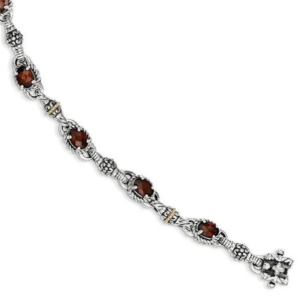 Shey Couture QTC409 Sterling Silver with 14K Yellow Gold Oval Garnet Bracelet - Polished & Antiqued