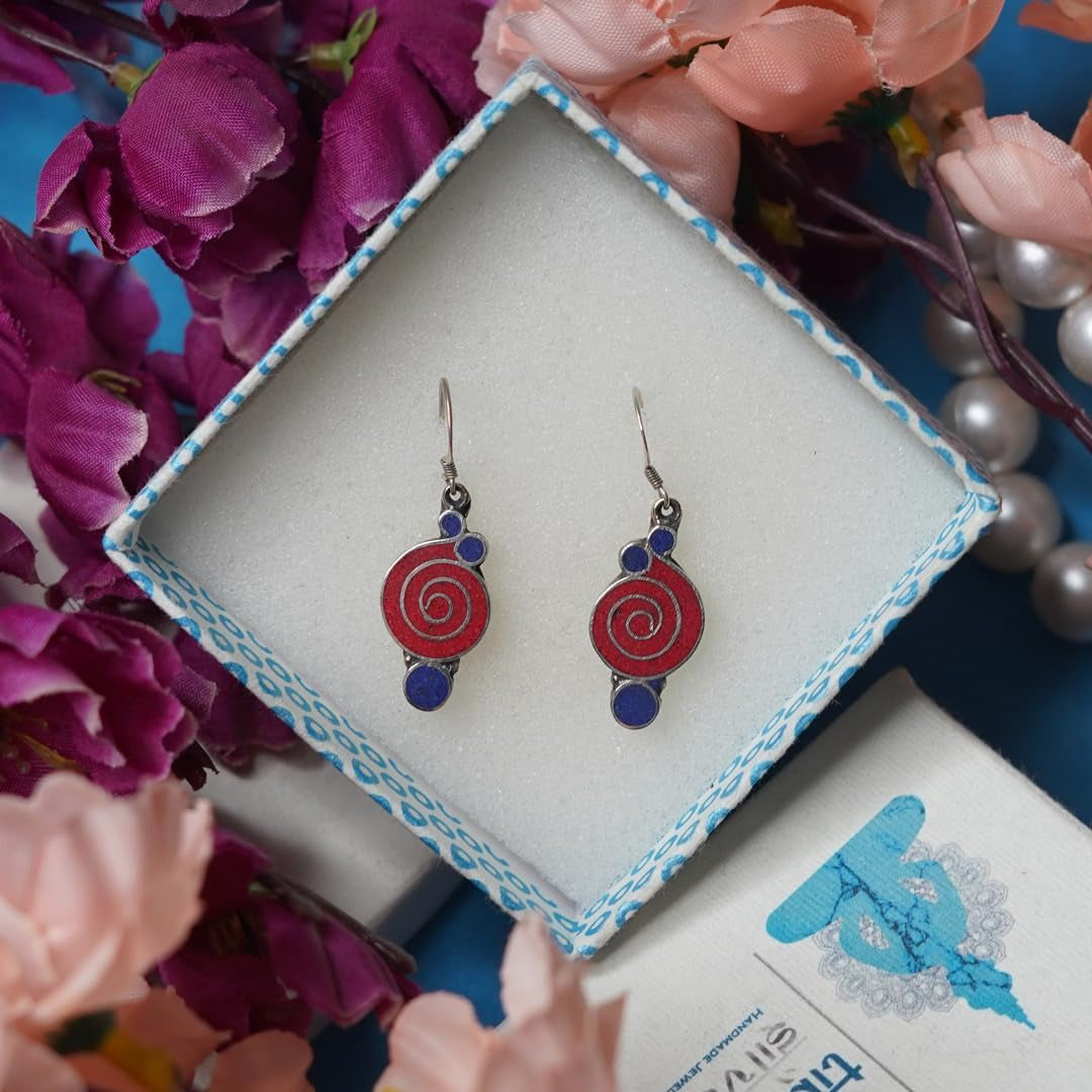 Handmade Drop Earrings, Gemstone Inlay Earring for Women, Boho Design Jewelry, Fashion Earrings for Gifts, Silver Plated Earrings