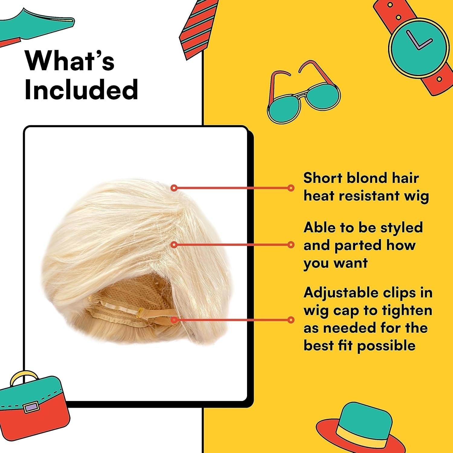 '- Blonde Beach Dude Wig - Short Synthetic Layered Bleach Blond Doll Costume Hair for Men with Adjustable Wig Cap