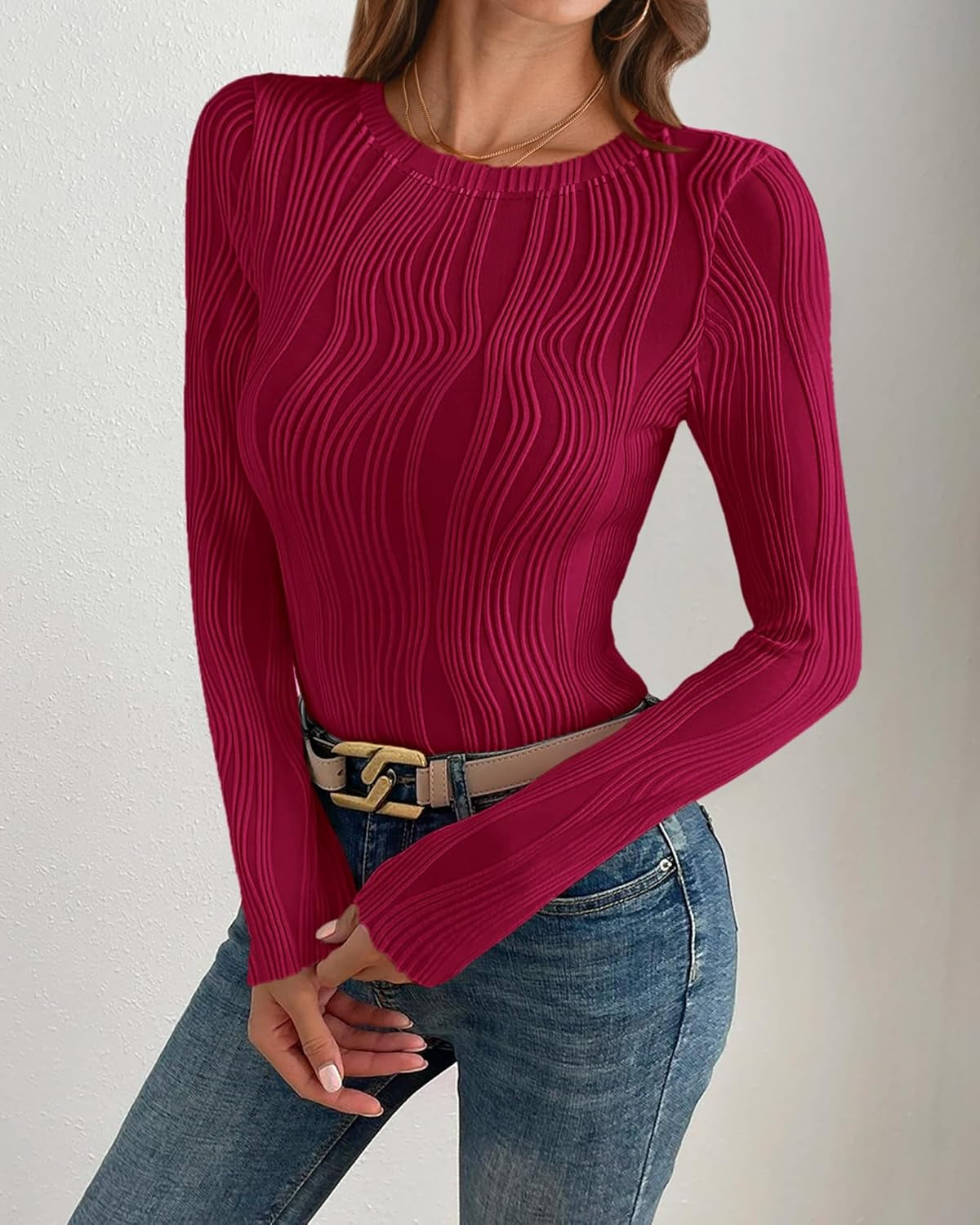 Women'S Tops 2025 Spring Fashion Long Sleeve Crewneck Blouses Slim Fit Shirts Textured Knit Basic T Shirts