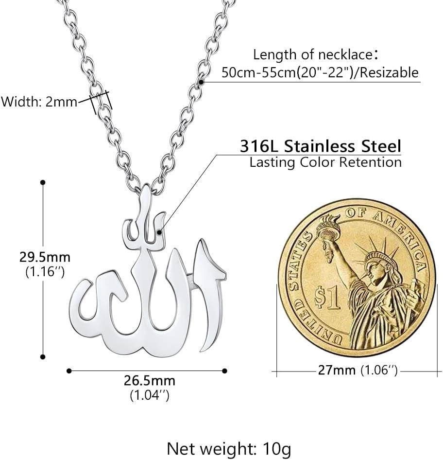 Stainless Steel Allah Necklace, Muslim Islamic Jewelry,Crescent Moon,Eid,Arabic Necklace,Gold/Silver Tone, Come with Box