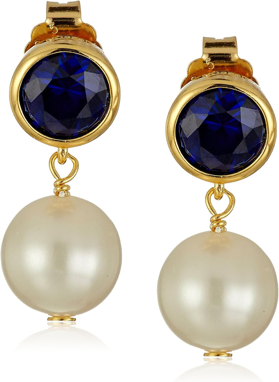 18K Gold Plated Sterling Silver Created Blue Sapphire and Freshwater Cultured Pearl Drop Stud Birthstone Earrings
