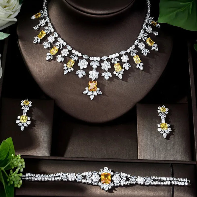 CANDICE Luxury Brilliant Citrine Bridal Wedding Party Jewelry Set for Brides Pave Yellow AAA CZ Stone Flower Drop Dangle Earrings Necklace Bracelet Sets
