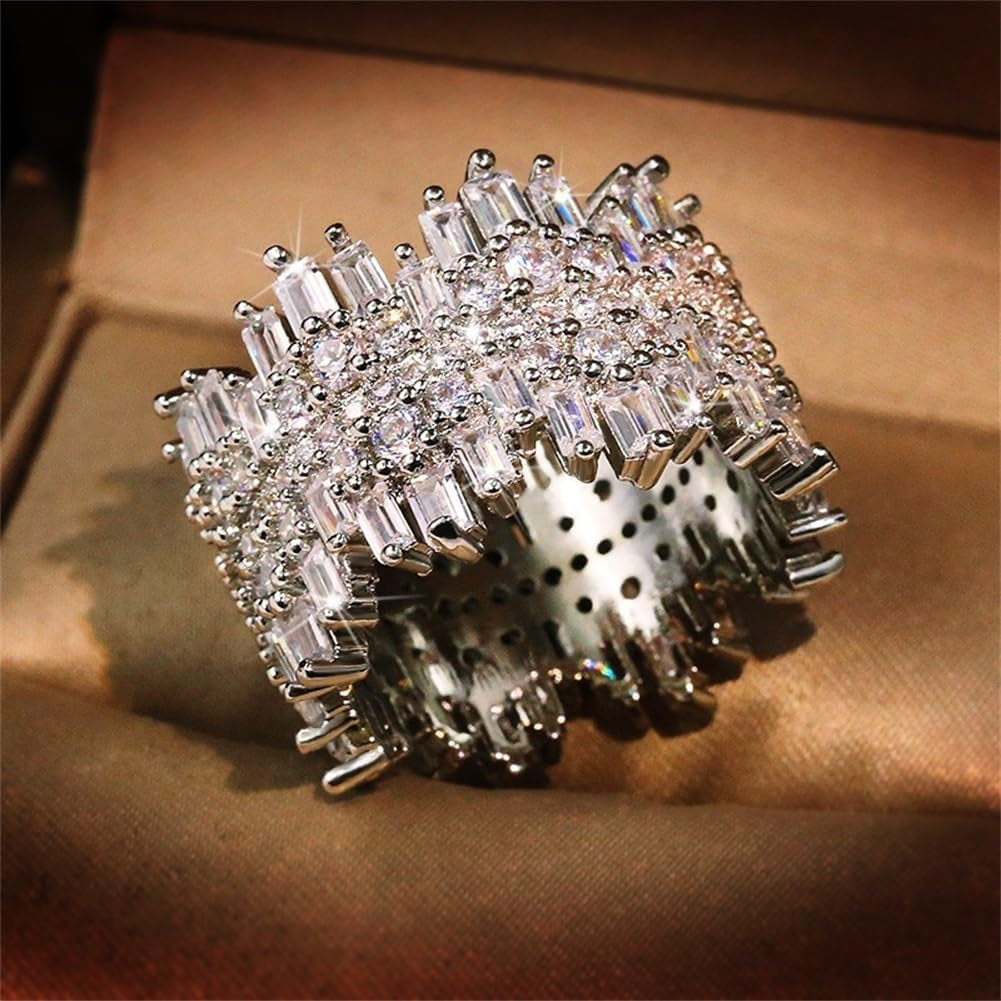 925 Sterling Silver Shiny Full Diamond Gemstone Ring 18K Gold Cocktail Ring Cubic Zirconia Promise Ring CZ Diamond Multi Row Rings Eternity Engagement Wedding Party Ring for Women Z.132 (US Code 8)