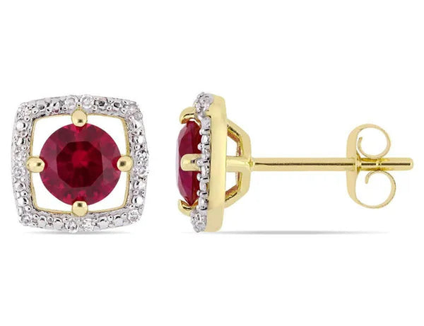 1.10 Carat (ctw) Lab Created Ruby Solitaire Halo Earrings in 10K Yellow Gold with Diamonds