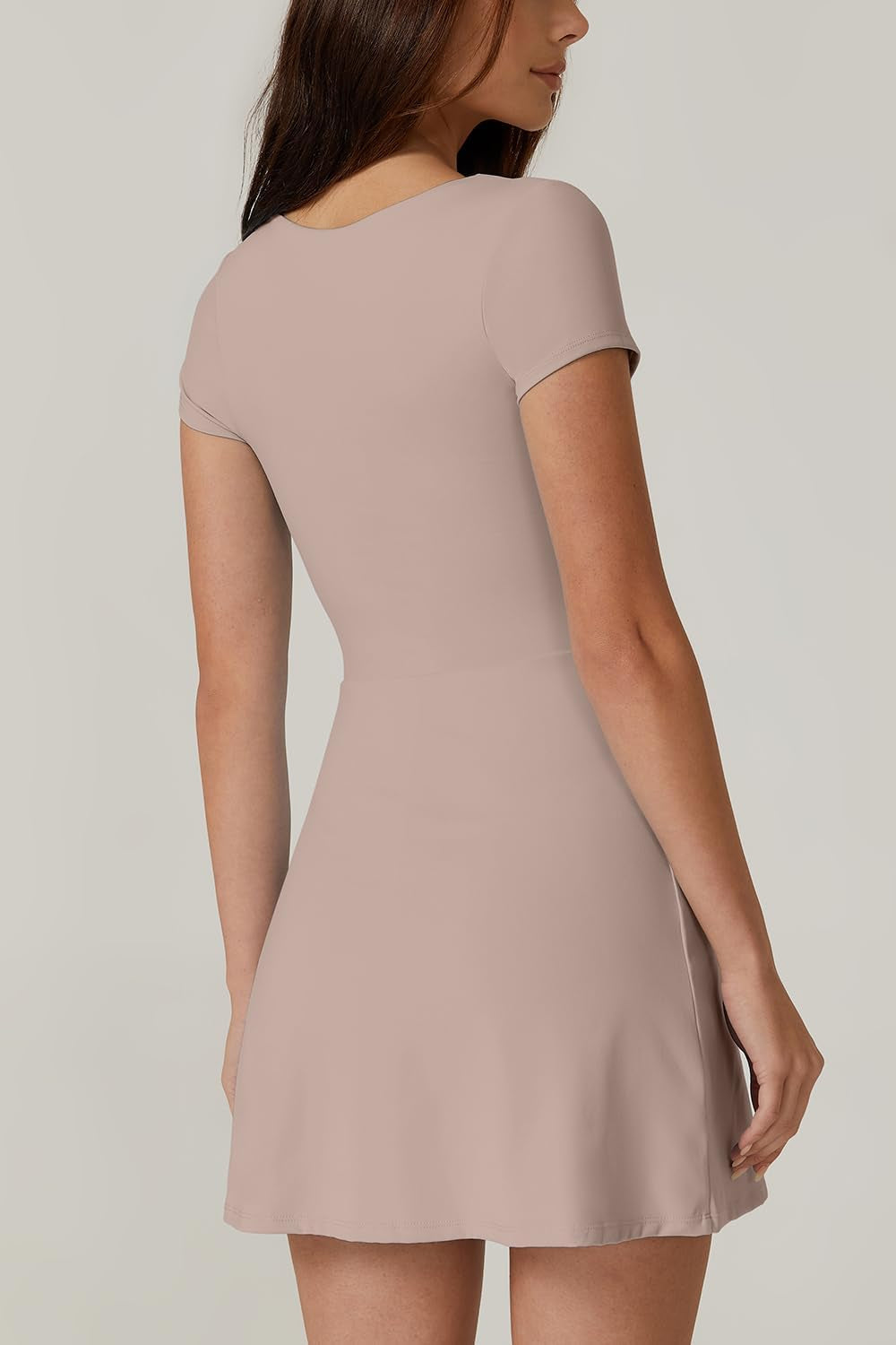Womens Square Neck Tennis Dress Short Sleeve Built in Shorts Golf Athletic Dress with Pockets