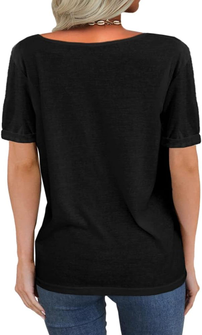 Women Fashion Deep V-Neck Short Sleeve Tops Solid Casual Loose Basic T Shirt
