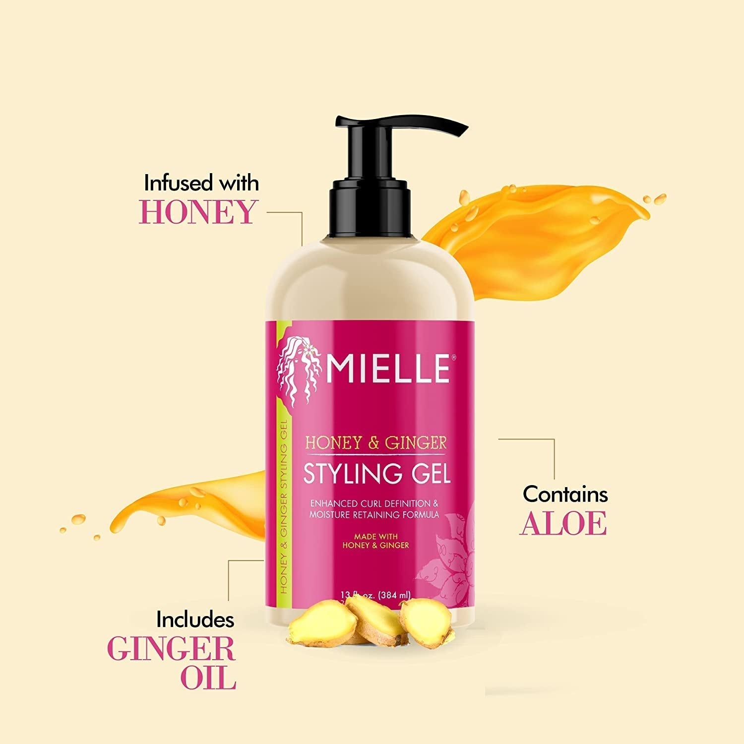 Honey & Ginger Styling Gel for Enhanced Curl Definition and Moisture Retaining with Aloe for Dry, Curly, Thick, and Frizzy Hair, Non-Sticky, 13 Ounces