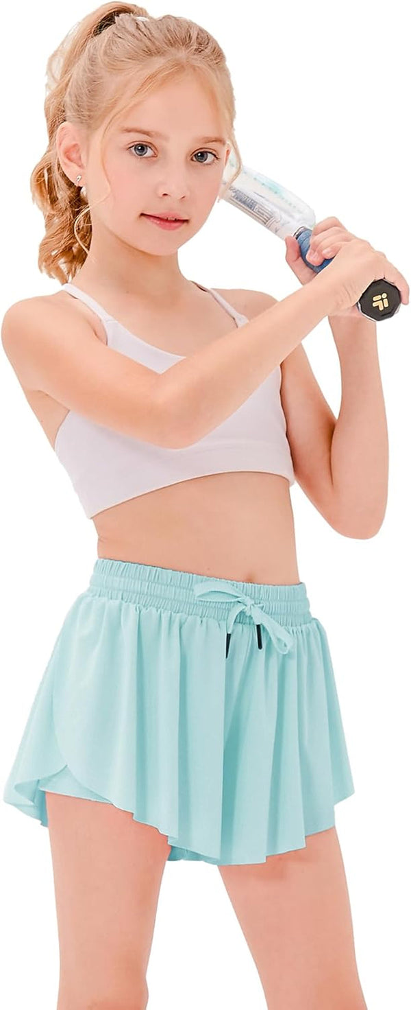 Girls Flowy Shorts with Pockets Athletic Running Skirt High Waist Butterfly 2 in 1 Sports Short 5-16 Years
