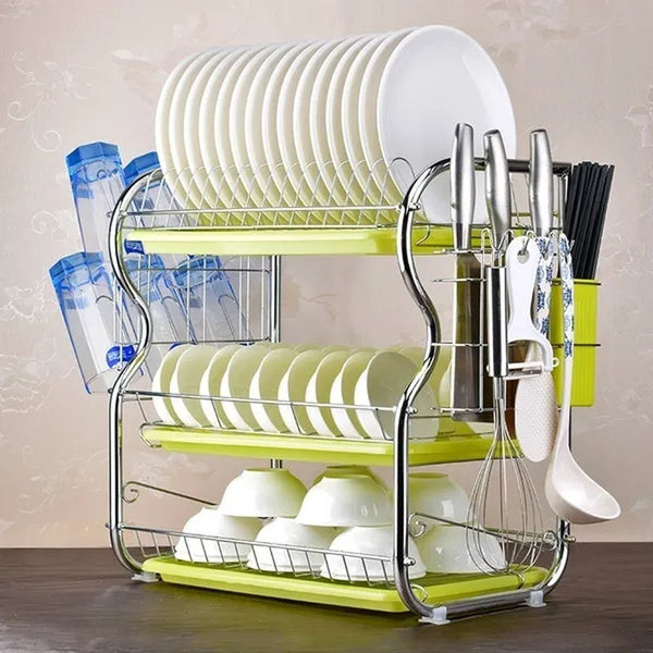 Dish Drying Rack 3-Tier Dish Drainer Rack Kitchen Storage with Drainboard and Cutlery Cup Dish Shelf Tableware Holder