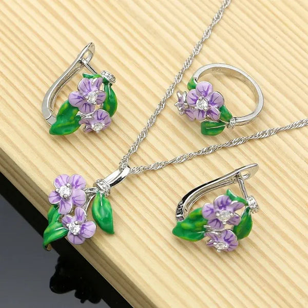 Purple Enamel Jewelry Sets Flower Green Leaves 925 Silver Jewelry Earrings Ppendant Ring for Women