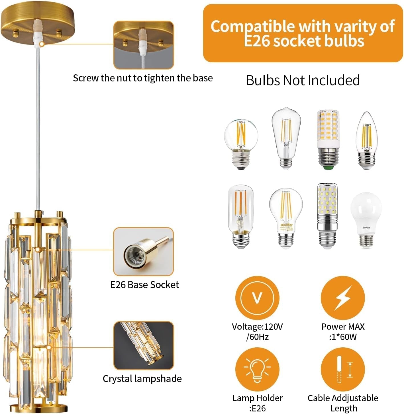 Pendant Lighting Modern Pendant Light, Mini Crystal Chandeliers,Adjustable Pendant Light Fixture for Kitchen Island Dinning Room Bedroom (Gold, 1-Light)