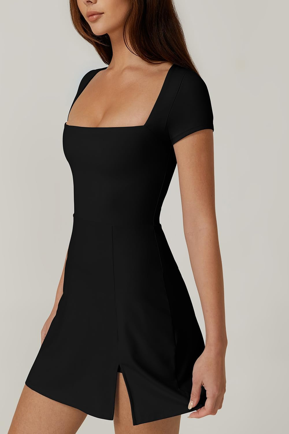 Womens Square Neck Tennis Dress Short Sleeve Built in Shorts Golf Athletic Dress with Pockets