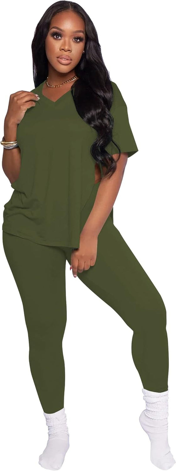 Lounge Sets for Women Two Piece Outfits Pullover Tops and Long Pants Tracksuit Sweatsuits Armygreen M