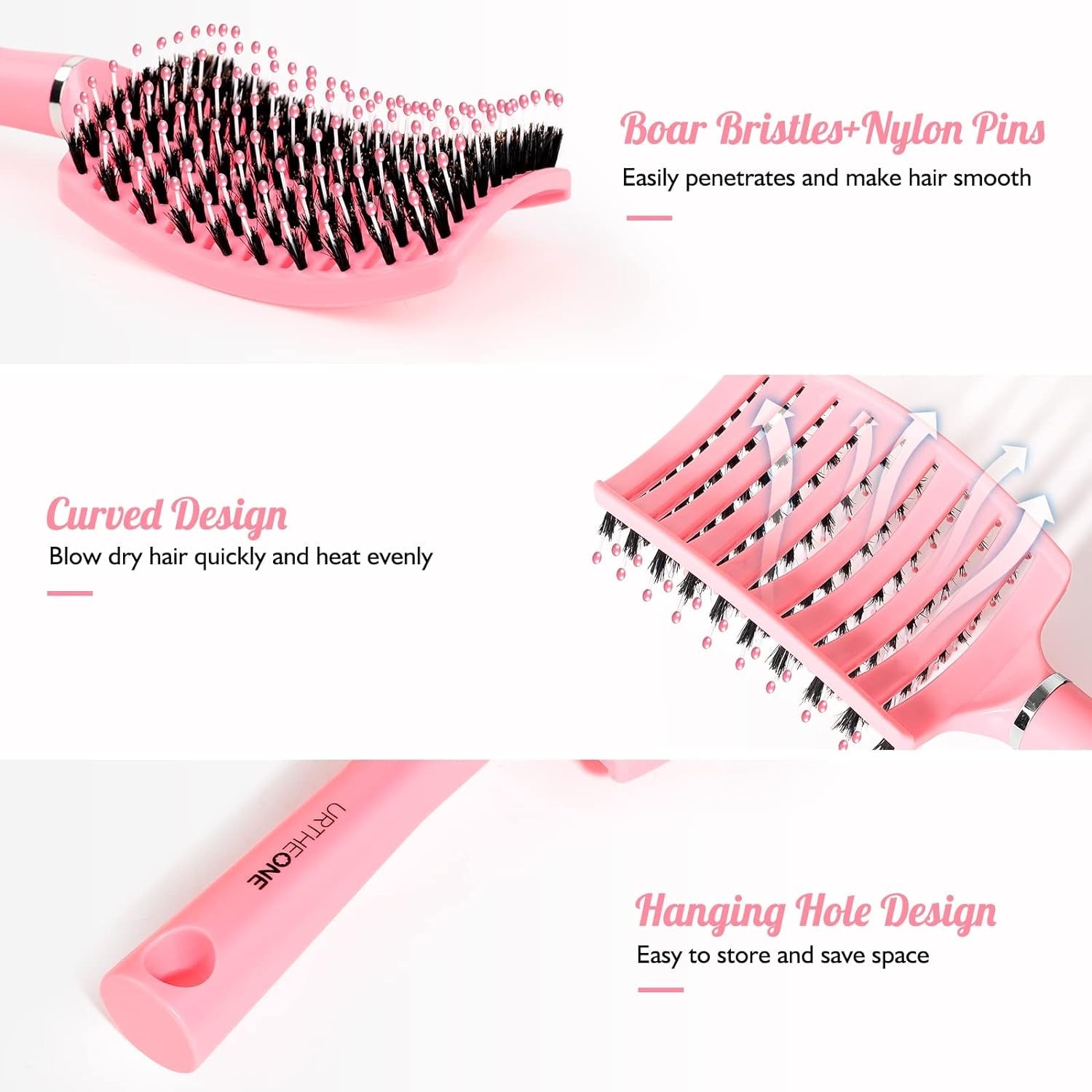 Hair Brush, Detangling Hairbrush Boar Bristle Curved Vented Hair Brush for Women Men Kids Curly Thick Long Short Wet or Dry Hair, Faster Blow Drying(2Pack, Black&Pink)