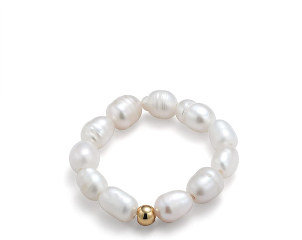 Stretch Freshwater Pearl Rings with 14K Gold Plated Beaded Adjustable Stackable Rings Holiday Gift for Women Girls