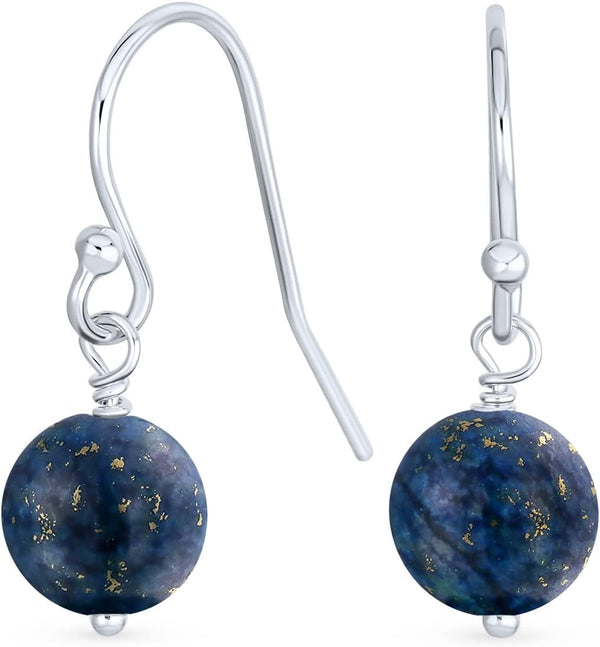 Simple Basic Gemstone round 8MM Bead Ball Drop Dangle Earrings for Women Teen Secure French Fish Hook Wire .925 Sterling Silver Birthstones More Colors