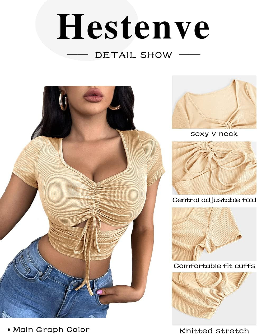 Women'S Summer Sexy Crop Top Ruched Y2K V Neck Slim Short Sleeve Casual Basic Knit T Shirt Workout Tops Khaki