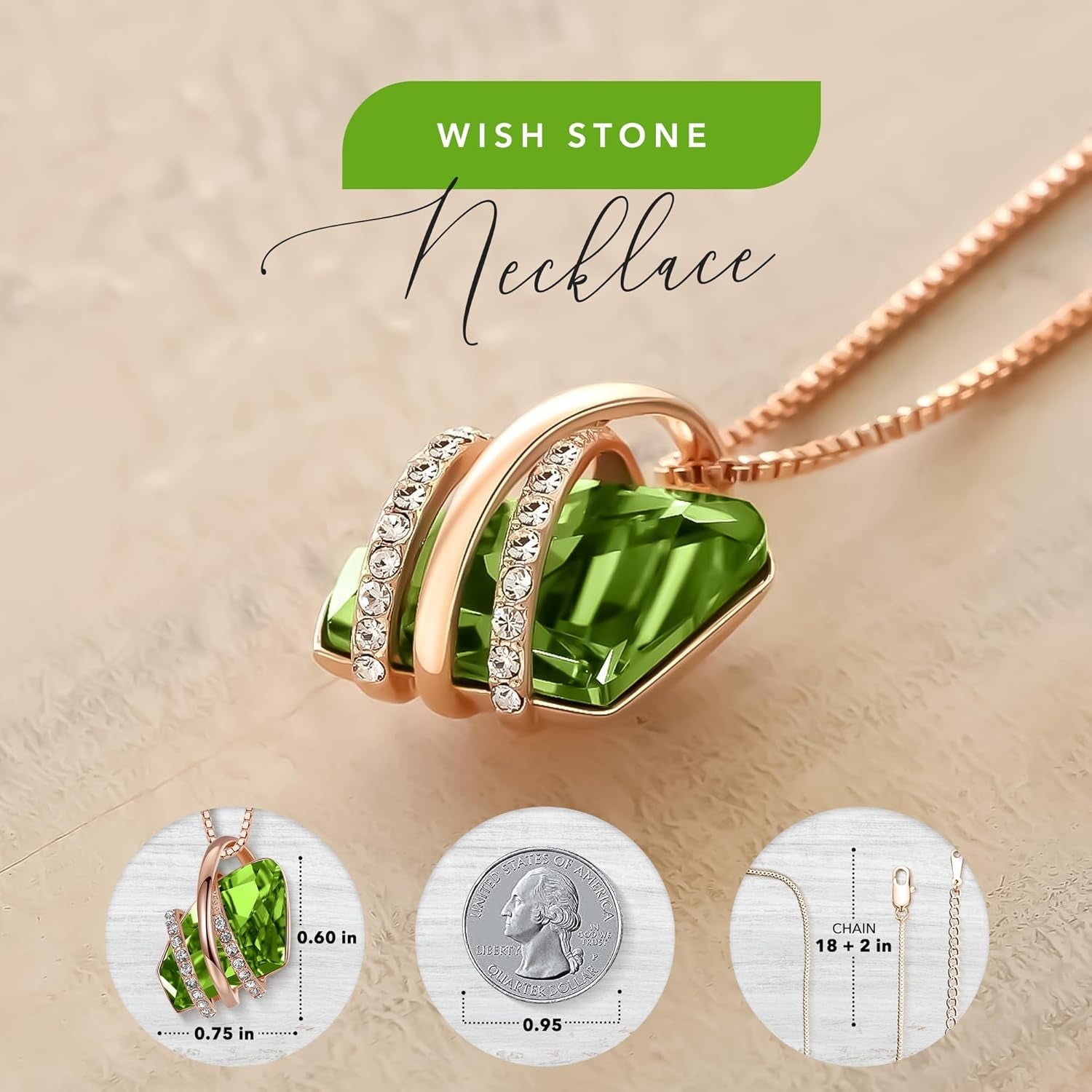 Wish Stone Pendant Necklace with Birthstone Crystal, 18K Rose Gold Plated/Silvertone, 18" + 2"