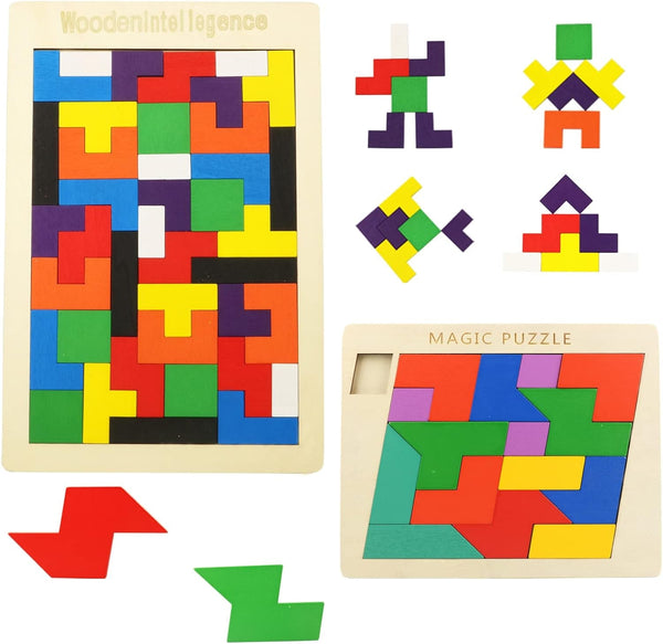 2 Pack Wooden Puzzle Blocks Geometric Tangram + Russian Blocks Puzzle for Kids & Adults, Intelligence Brain Teasers Toy Wooden Puzzle for All Ages Challenge STEM Educational Gift for Children