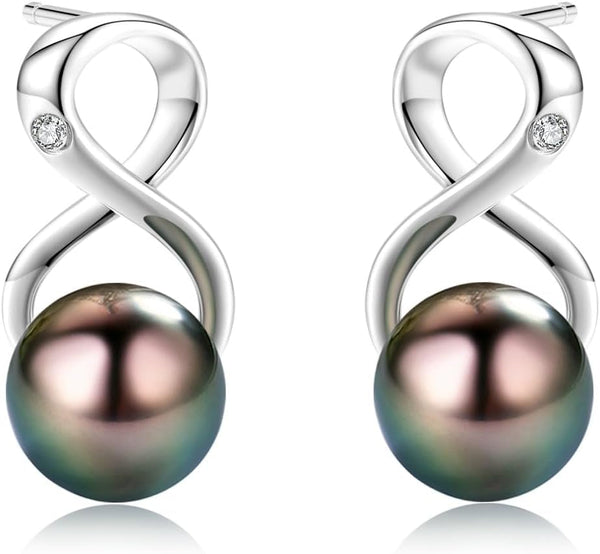 Infinity Earrings AAA Top Grade Genuine Tahitian Black Pearl 8-9Mm 18K Gold Plated 925 Sterling Silver – Birthday Anniversary Jewelry Gifts for Women (18K White Gold)