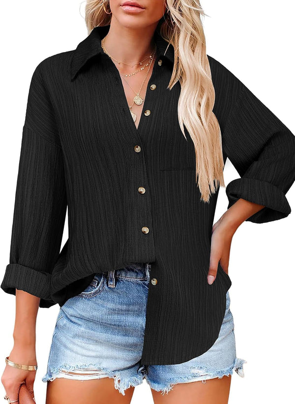 Womens Button down Shirts Long Sleeve Dress Shirt Textured Collared Work Blouse Dressy Casual Tops with Pocket