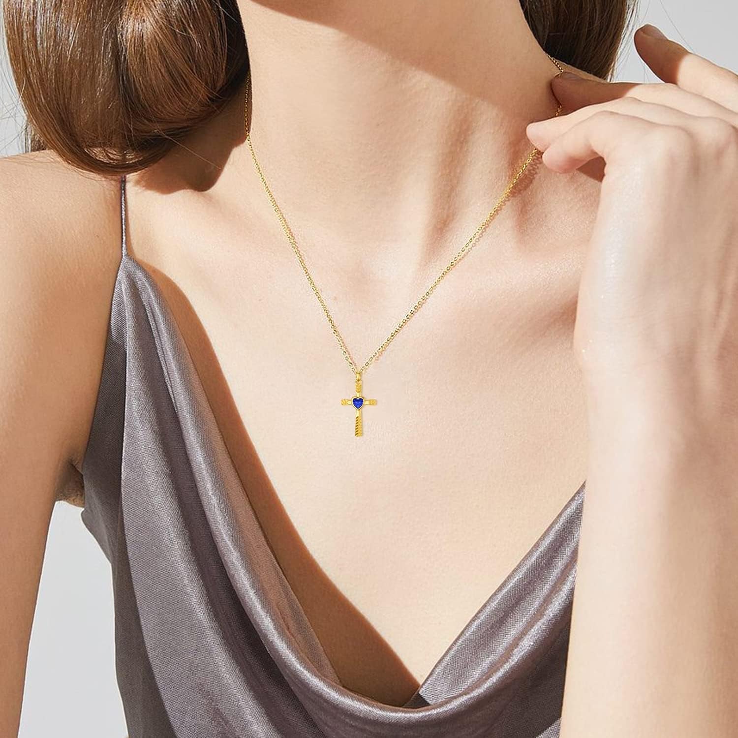 Real 10K 14K 18K Gold Birthstone Cross Necklace with Laser Diamond Cut, Glittering 1/2 Carat Gemstone Heart Birthstone Cross Pendant Necklaces for Women Wife Girlfriend Her Mothers Day
