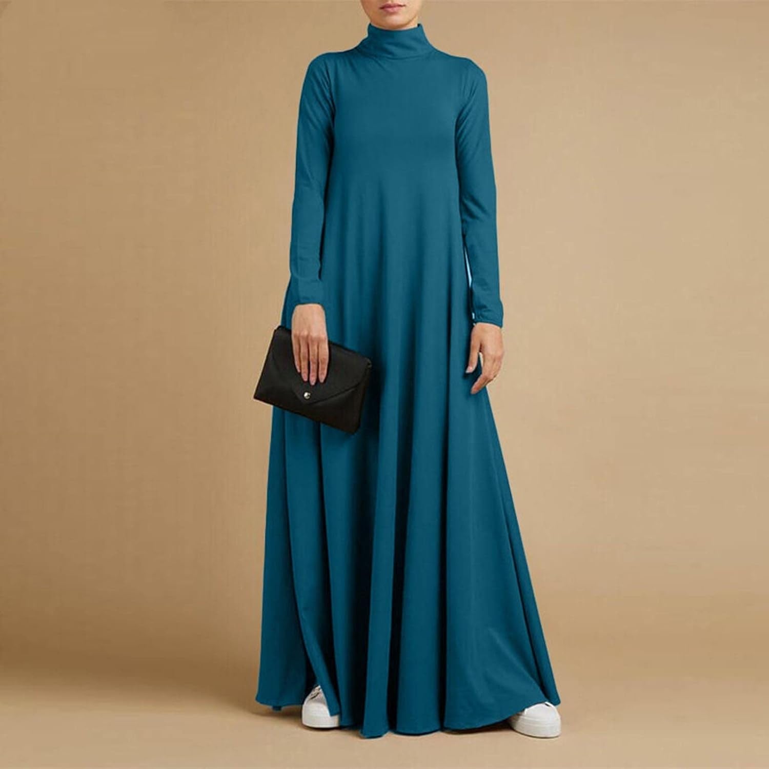 Womens Casual Maxi Dress Long Sleeve Mock Neck Robe Abaya Muslim Ramadan Dress Flowy Maxi Dress Islamic Evening Gown