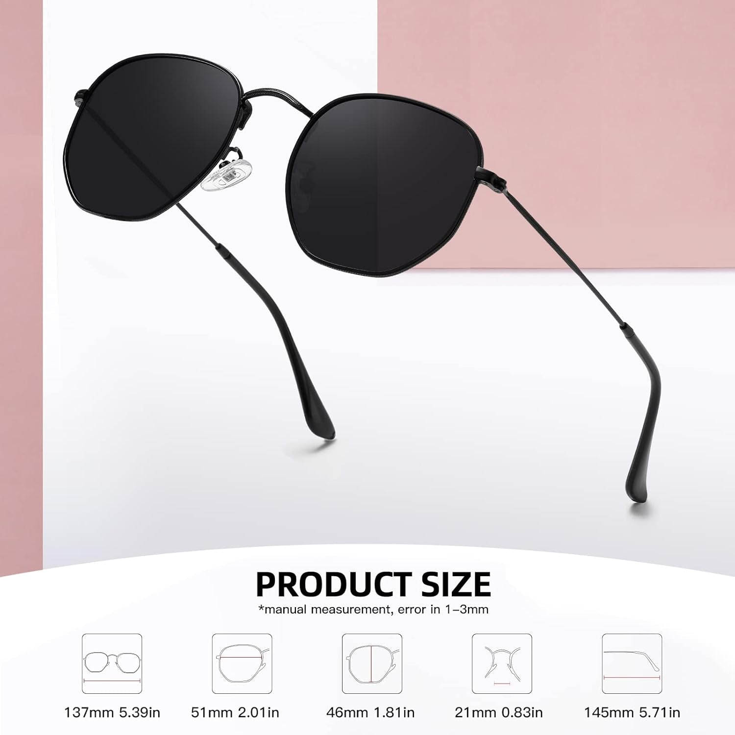 Polarized Hexagon Sunglasses for Women Men Polygon Square Sun Glasses UV400 Protection Metal Frame
