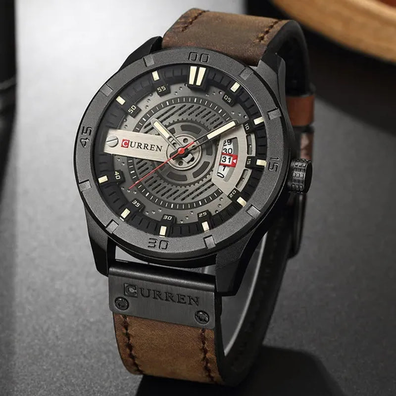 CURREN Men Watch Army Military Sports Watches Black Case Leather Strap Waterproof Date Function