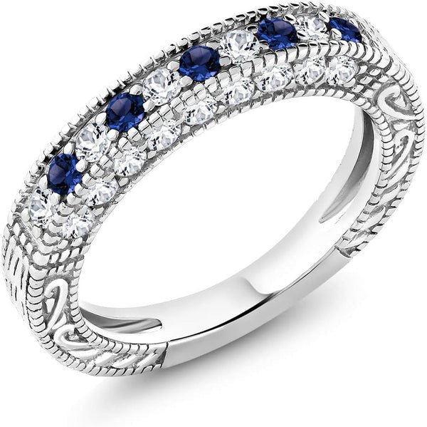 925 Sterling Silver Blue and White Created Sapphire Ring | Wedding Band Ring for Women | 1.00 Cttw | Available in Size 5, 6, 7, 8, 9