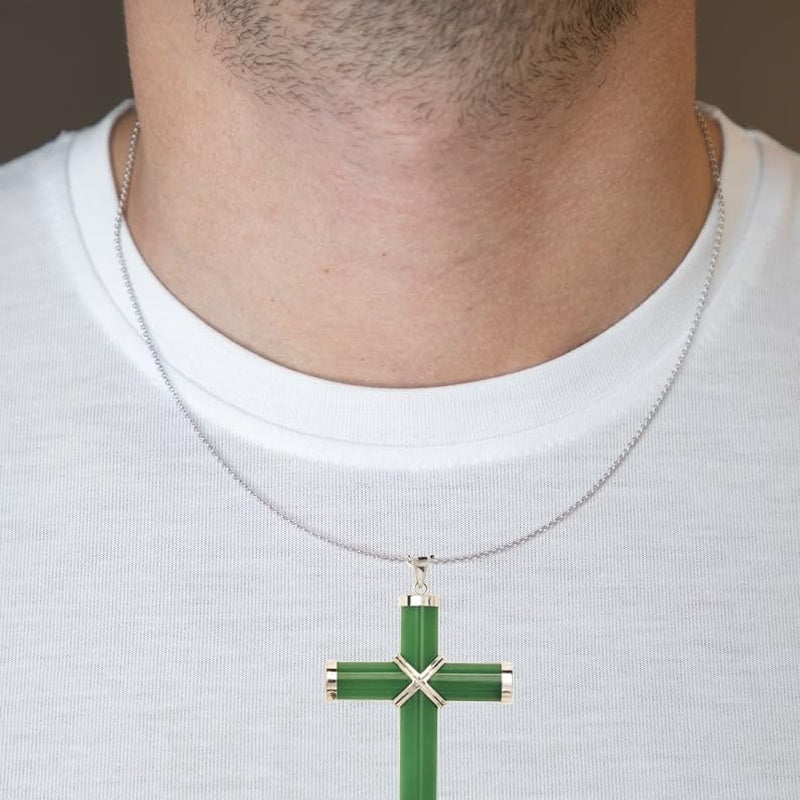 '- 925 Sterling Silver Rhodium-Plated 18" Men'S Extra-Large Green Jade Cross Necklace - 35Mm X 60Mm - Mens Cross Necklace - Large Jade Cross Pendant - Christmas Gift for Men