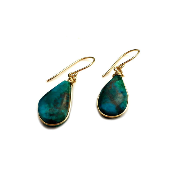 Chrysocolla Earrings Gold Filled Wire Wrap Dangle Blue Green Teardrop Stones - Handmade Healing Crystal Gemstone Jewelry Gift for Women by