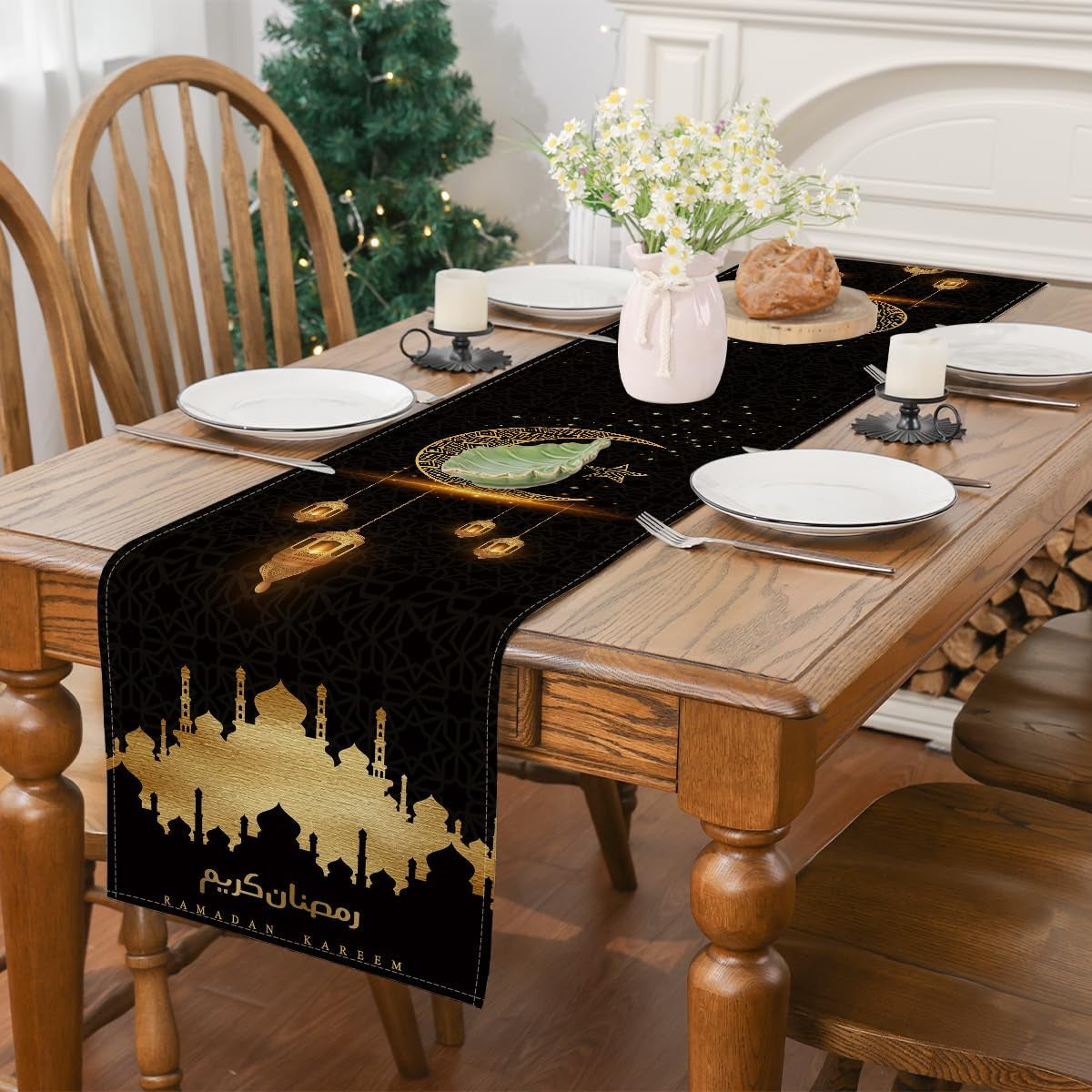Ramadan Decorations for Home, Ramadan Table Runner Eid Mubarak Mosque Muslim Islamic Golden Moon Religious Table Runner Holiday Decor Dining Table Decoration (13'' X 36'')