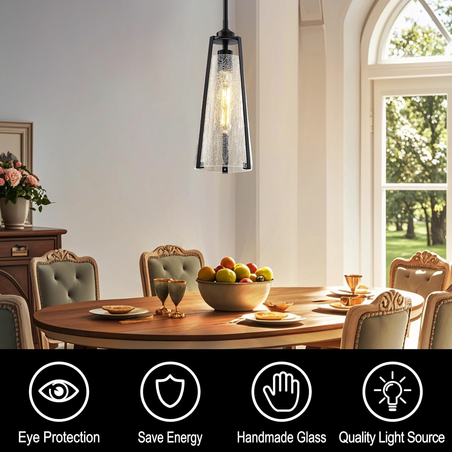 Crackle Glass Pendant Lights Black Hanging Ceiling Light Fixtures 14" Farmhouse Chandelier Adjustable Metal Cord for Dining Room Kitchen Island Bedroom Foyer, T10 Bulb Included